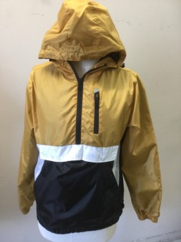 Mens, Casual Jacket, WT 02, Goldenrod Yellow, Off White, Black, Polyester, Color Blocking, M, Goldenrod W/black & Off White with Hood, 13"  Black Zip Front, 1 Vertical Pocket Black Zip Front, 1 Large Black Pocket W/off White Flap & 2 Snap Front Center, Long Sleeves Elastic Cuffs & Drawstring, Hem