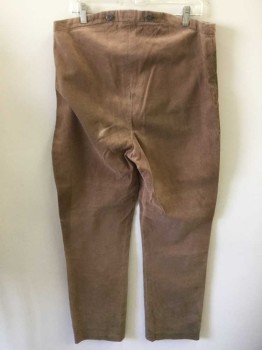 Mens, Historical Fiction Pants, N/L, Lt Brown, Cotton, Solid, Ins:30, W:34, Twill, Button Fly, Suspender Buttons at Outside Waist, No Pockets, Made To Order Reproduction "Old West" Wear **Very Large Mends Throughout, Dusty/Dirty Throughout