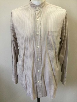 J CREW, White, Dk Gray, Cherry Red, Cotton, Stripes - Pin, White with Dark Gray Triple Pin Stripe and Cherry Red Pin Stripe, Long Sleeve Button Front, Band Collar,  1 Pocket, Button Cuffs, Contemporary Shirt Re-Worked to Be Old West ** Large Mend at Button Placket and Near Band Collar