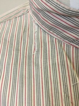 J CREW, White, Dk Gray, Cherry Red, Cotton, Stripes - Pin, White with Dark Gray Triple Pin Stripe and Cherry Red Pin Stripe, Long Sleeve Button Front, Band Collar,  1 Pocket, Button Cuffs, Contemporary Shirt Re-Worked to Be Old West ** Large Mend at Button Placket and Near Band Collar