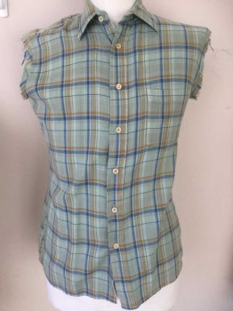 N/L, Lt Green, Blue, Mustard Yellow, Cotton, Plaid, Flannel, Light Green with Blue and Mustard Plaid, Cut Off Sleeves, Button Front, Collar Attached, 1 Pocket