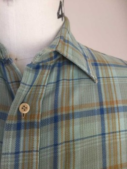 N/L, Lt Green, Blue, Mustard Yellow, Cotton, Plaid, Flannel, Light Green with Blue and Mustard Plaid, Cut Off Sleeves, Button Front, Collar Attached, 1 Pocket