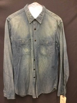 J CREW, Lt Blue, Cotton, Solid, Aged/Distressed,  Chambray, Button Front, Long Sleeves, Collar Attached, 2 Pockets,