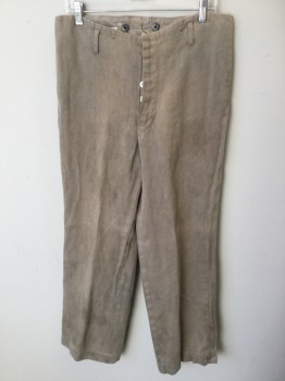 Mens, Historical Fiction Pants, Tan Brown, Gray, Cotton, Lycra, Mottled, 29, 34, Distress/mottled Tan with Self Diagonal Stripes, Flat Front, White Button Front, Belt Hoops, 2 Side Pockets,