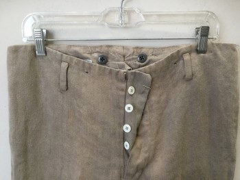Tan Brown, Gray, Cotton, Lycra, Mottled, Distress/mottled Tan with Self Diagonal Stripes, Flat Front, White Button Front, Belt Hoops, 2 Side Pockets,