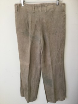 Mens, Historical Fiction Pants, Tan Brown, Gray, Cotton, Lycra, Mottled, 29, 34, Distress/mottled Tan with Self Diagonal Stripes, Flat Front, White Button Front, Belt Hoops, 2 Side Pockets,