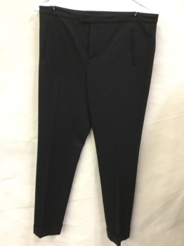 Womens, Slacks, ATM, Black, Polyester, Elastane, Solid, 6, Flat Front, Thick Stretch, Stitched Creases, Tapered Leg, Cuffs, 4 Welt Pocket, Button Tab,