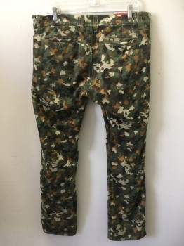 Mens, Casual Pants, JORDAN CRAIG, Olive Green, Black, Brown, Amber Yellow, Tan Brown, Cotton, Camouflage, 32, 36, Olive, Black, Brown, Amber, Tan, Khaki Camouflage Print, Jean Cut, Zip Front, 5 Pockets (holes/aged on Left Knee)