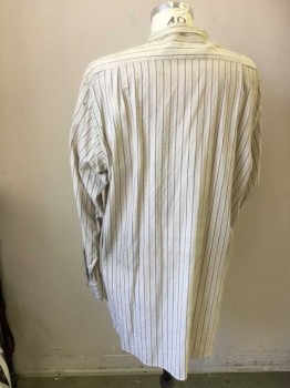 DARCY, Cream, Blue, Cotton, Stripes, Working Class. Cotton Flannel with Blue Stripe., 4 Buttons Placket with Button Holes at Narrow Collar Band. Long Sleeves with Cuffs. Aged. Some Dark Stains at Left Shoulder Front, Front Placket, and at Back of Left Arm at Armhole Seam,
