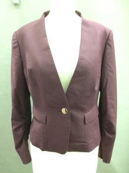 Womens, Blazer, TED BAKER, Maroon Red, Wool, Polyester, Solid, 8, Single Breasted, No Collar/Lapel, 1 Rose Gold Button, 2 Pockets, Ruched Interior Slvs,