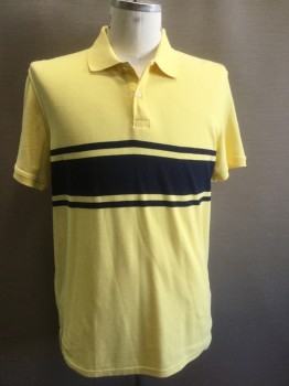 St. JOHN'S BAY, Yellow, Navy Blue, Cotton, Polyester, Stripes - Horizontal , 2 Bttns, Solid Ribbed Knit Collar/Cuff, S/S,