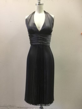 Womens, Cocktail Dress, N/L, Pewter Gray, Acetate, Polyester, Solid, W 24, XS, Gathered Halter with Hook & Eye Closure Back Neck, Vertical Gathered 5" Waistband, Accordian Pleated Skirt, Back Zip, Hem Below Knee