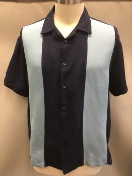 MERONA, Navy Blue, Lt Blue, Rayon, Polyester, Color Blocking, Button Front, Short Sleeves, Collar Attached, Hand Picked Stitch Detail