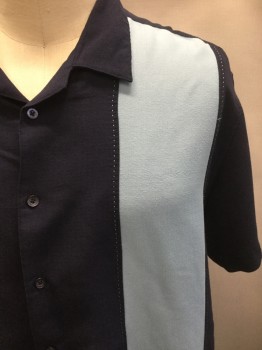 MERONA, Navy Blue, Lt Blue, Rayon, Polyester, Color Blocking, Button Front, Short Sleeves, Collar Attached, Hand Picked Stitch Detail