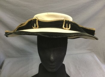 NL, Taupe, Black, Gold, Wool, Solid, Light Taupe Felt, Wide Brim, Low Flat Crown, Black Velvet Band and Large Self Bows with Gold Gimp Edging/Trim and Gold Rectangular Metal Buckles, 1" Wide Velvet Edging at Brim Edge,