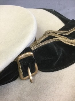NL, Taupe, Black, Gold, Wool, Solid, Light Taupe Felt, Wide Brim, Low Flat Crown, Black Velvet Band and Large Self Bows with Gold Gimp Edging/Trim and Gold Rectangular Metal Buckles, 1" Wide Velvet Edging at Brim Edge,