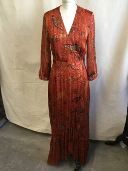 BA&SH, Orange, Black, Lt Orange, Brown, Viscose, Polyester, Floral, Novelty Pattern, Sheer, Floor Length, with Slid Orange Lining, Deep V-neck, Wrap Around Style with 2 Snap Button @ 1" Waistband, Long Skirt - Diagonal Drape Front with Ruffle Hem,  3/4 Sleeves with Thin Cuff & 1 Button,