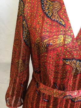 BA&SH, Orange, Black, Lt Orange, Brown, Viscose, Polyester, Floral, Novelty Pattern, Sheer, Floor Length, with Slid Orange Lining, Deep V-neck, Wrap Around Style with 2 Snap Button @ 1" Waistband, Long Skirt - Diagonal Drape Front with Ruffle Hem,  3/4 Sleeves with Thin Cuff & 1 Button,