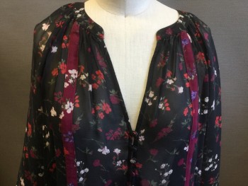 JOIE, Black, Red, Wine Red, Gray, White, Silk, Floral, Band Collar, V-neck, 4 Small Covered Buttons, 3/4 Sleeves, Floral Wine Stripe Applique