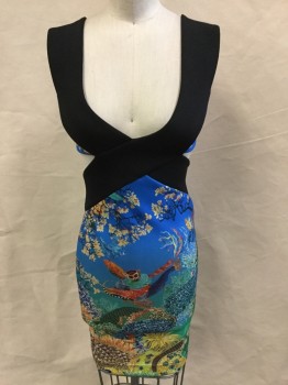 Womens, Cocktail Dress, MARY KATRANTZOU, Black, Turquoise Blue, Yellow, Orange, Brown, Synthetic, Spandex, Animal Print, S, Blue Sky with Flying Bird/monkeys Floral Print with 3" Black Straps & Criss-cross Front, Deep V-neck, Cut Out Back, Side Zip