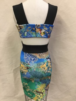 Womens, Cocktail Dress, MARY KATRANTZOU, Black, Turquoise Blue, Yellow, Orange, Brown, Synthetic, Spandex, Animal Print, S, Blue Sky with Flying Bird/monkeys Floral Print with 3" Black Straps & Criss-cross Front, Deep V-neck, Cut Out Back, Side Zip