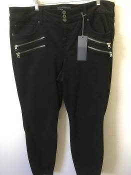 TORRID, Black, Cotton, Rayon, Solid, Wide Waist Band, 3 Silver Buttons, 5 Pockets Plus 4 Zip Faux Pockets