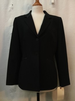 Womens, Blazer, TAHARI, Black, Synthetic, Solid, 10P, Black, Notched Lapel, Collar Attached, 2 Buttons,  Leather Trim,