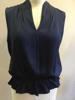 TAHARI, Navy Blue, Silk, Solid, V-neck, Pleated at Shoulders, Elastic Waist W/peplum, Body Suit Attached