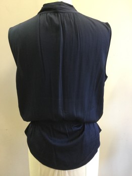 TAHARI, Navy Blue, Silk, Solid, V-neck, Pleated at Shoulders, Elastic Waist W/peplum, Body Suit Attached