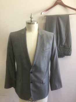 Mens, Suit, Jacket, DOLCE & GABBANA, Gray, Wool, Silk, Solid, 46R, Single Breasted, Peaked Lapel, 2 Buttons, 3 Pockets, Hand Picked Stitching at Lapel, Black Lining, High End