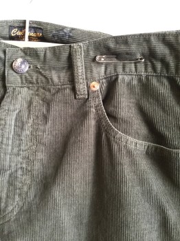 CIVILIANAIRE, Olive Green, Cotton, Elastane, Solid, Corduroy, Jean-cut, 5 Pockets with Brass Studs, Zip Front,