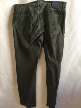 Mens, Casual Pants, CIVILIANAIRE, Olive Green, Cotton, Elastane, Solid, 36/33, Corduroy, Jean-cut, 5 Pockets with Brass Studs, Zip Front,