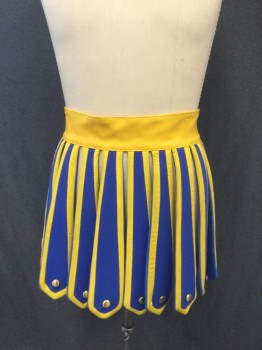 MTO, Blue, Yellow, Faux Leather, Foam, SPARTAN: Skirt, Wide Yellow Pleather Waist with Velcro Closure, Blue with Yellow Trim Tabs Hanging Down From Waistband, Gold Studs at Bottoms