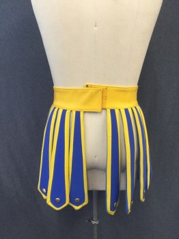 MTO, Blue, Yellow, Faux Leather, Foam, SPARTAN: Skirt, Wide Yellow Pleather Waist with Velcro Closure, Blue with Yellow Trim Tabs Hanging Down From Waistband, Gold Studs at Bottoms