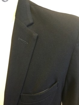 CALVIN KLEIN, Black, Polyester, Rayon, Solid, Single Breasted, Notched Lapel, 2 Buttons,  3 Pockets, Solid Black Lining