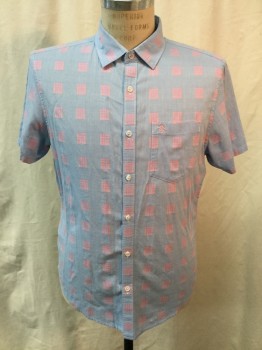 PENGUIN, Lt Blue, Pink, Peach Orange, Cotton, Novelty Pattern, Light Blue Cotton with Pink & Peach Woven Square Pattern, Short Sleeves, Collar Attached, Button Front, 1 Pocket,