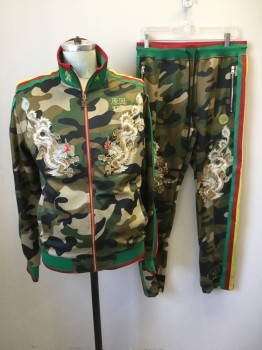 REASON, Dk Green, Brown, Red, Green, Yellow, Polyester, Camouflage, Zip Front, Embroidered Dragons on Front, Green with Red Stripe Ribbed Knit Collar/Cuff/Waistband, Green/Red/Yellow Shoulder/Sleeve Stripes and Also Down Back