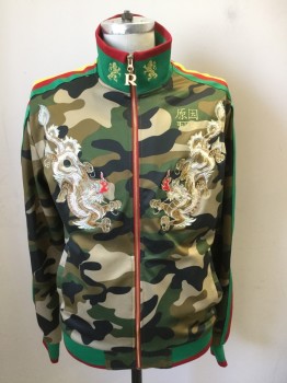 Mens, Sweatsuit Jacket, REASON, Dk Green, Brown, Red, Green, Yellow, Polyester, Camouflage, M, Zip Front, Embroidered Dragons on Front, Green with Red Stripe Ribbed Knit Collar/Cuff/Waistband, Green/Red/Yellow Shoulder/Sleeve Stripes and Also Down Back