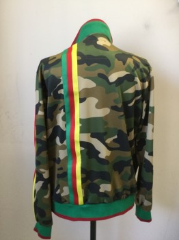 REASON, Dk Green, Brown, Red, Green, Yellow, Polyester, Camouflage, Zip Front, Embroidered Dragons on Front, Green with Red Stripe Ribbed Knit Collar/Cuff/Waistband, Green/Red/Yellow Shoulder/Sleeve Stripes and Also Down Back