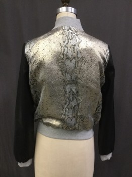 Womens, Casual Jacket, FBSISTER, Gold, Silver, Black, Gray, Polyester, Cotton, Reptile/Snakeskin, Color Blocking, XS, Bomber, Zip Front, Gray Heather Rib Knit Collar/Cuff/Waistband, Pleather Sleeves, 2 Pockets,