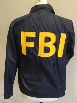 Unisex, Jacket, Windbreaker, AUGUSTA, Navy Blue, Nylon, Solid, S, (MULTIPLE)  Collar Attached, Solid White Lining, Snap Front, 2 Slant Pockets, Raglan Long Sleeves with Elastic Hem, with Yellow "FBI" Front & Back