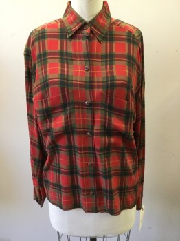 LINDA A ELLEN TRACY, Red, Brown, Dk Green, Gold, Silk, Plaid, Long Sleeves, Button Front, Collar Attached, 2 Pockets,