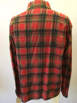 LINDA A ELLEN TRACY, Red, Brown, Dk Green, Gold, Silk, Plaid, Long Sleeves, Button Front, Collar Attached, 2 Pockets,