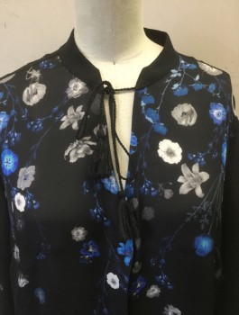 ELIE TAHARI, Black, Royal Blue, Gray, Silk, Floral, Chiffon, Long Sleeves, Button Front, Band Collar with Deep V Notch, Self Ties with Tassles at Ends, Oversized Fit