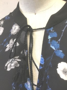 ELIE TAHARI, Black, Royal Blue, Gray, Silk, Floral, Chiffon, Long Sleeves, Button Front, Band Collar with Deep V Notch, Self Ties with Tassles at Ends, Oversized Fit