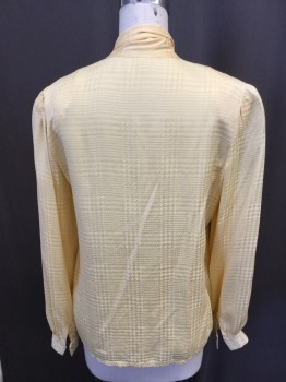 NL, Goldenrod Yellow, Silk, Houndstooth, Self Glenplaid, Pussy Bow, Long Sleeves, Button Front, Hidden Placket, Pleated Front, 1980s
