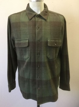 WOOLRICH, Dk Olive Grn, Espresso Brown, Wool, Plaid, Long Sleeve Button Front, Collar Attached, 2 Pockets with Button Flap Closures