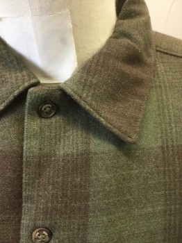 WOOLRICH, Dk Olive Grn, Espresso Brown, Wool, Plaid, Long Sleeve Button Front, Collar Attached, 2 Pockets with Button Flap Closures
