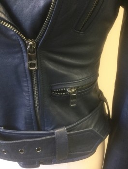 Womens, Leather Jacket, BANANA REPUBLIC, Navy Blue, Leather, Solid, M, Moto Jacket, Zip Front, Notched Collar, 4 Zip Pockets, Belt Loops, Self Belt Attached at Waist, Navy Lining
