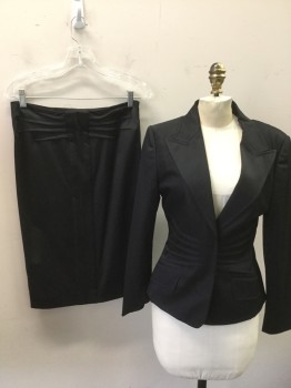 Womens, Suit, Jacket, GUCCI, Black, Wool, Spandex, Solid, W:29, B:36, Peaked Lapel, 2 Button Front, Tuck Pleat Detail,(looks Like Whiskers)